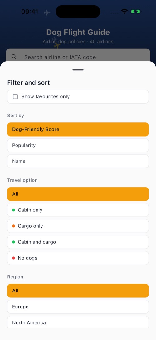 Filter sheet in the app: region, how dogs travel, and sort order