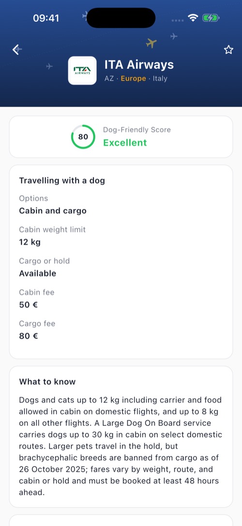 Airline detail view in the app with fees, breed rules and the official policy link