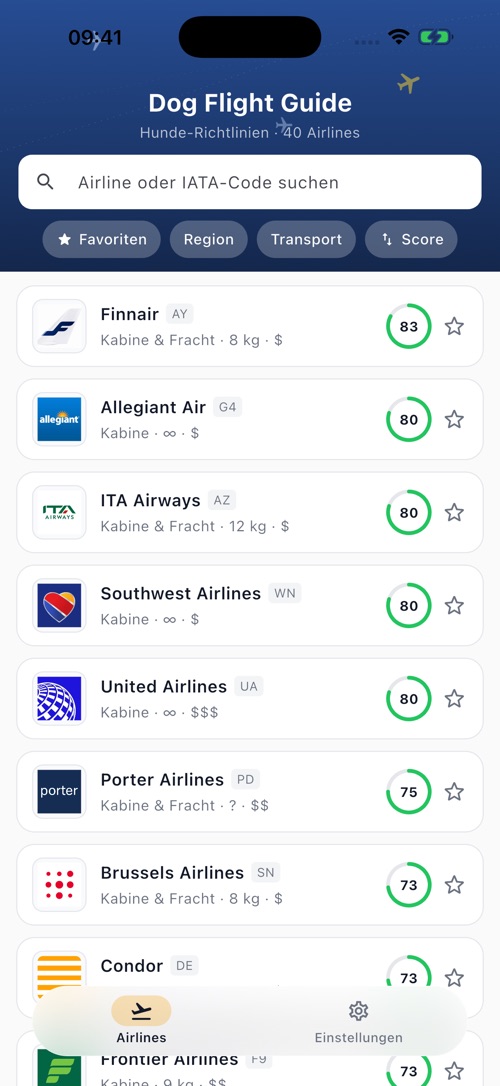 Airline-Liste in der Dog Flight Guide App mit Scores, Gewichtslimits in der Kabine und Favoriten