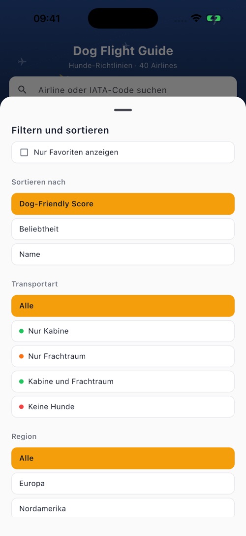 Filter in der App: Region, Transportart und Sortierung
