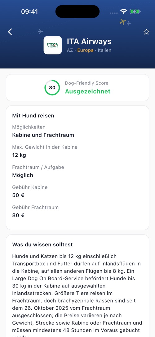 Detailansicht einer Airline in der App mit Gebühren, Rassenregeln und Link zu den offiziellen Regeln